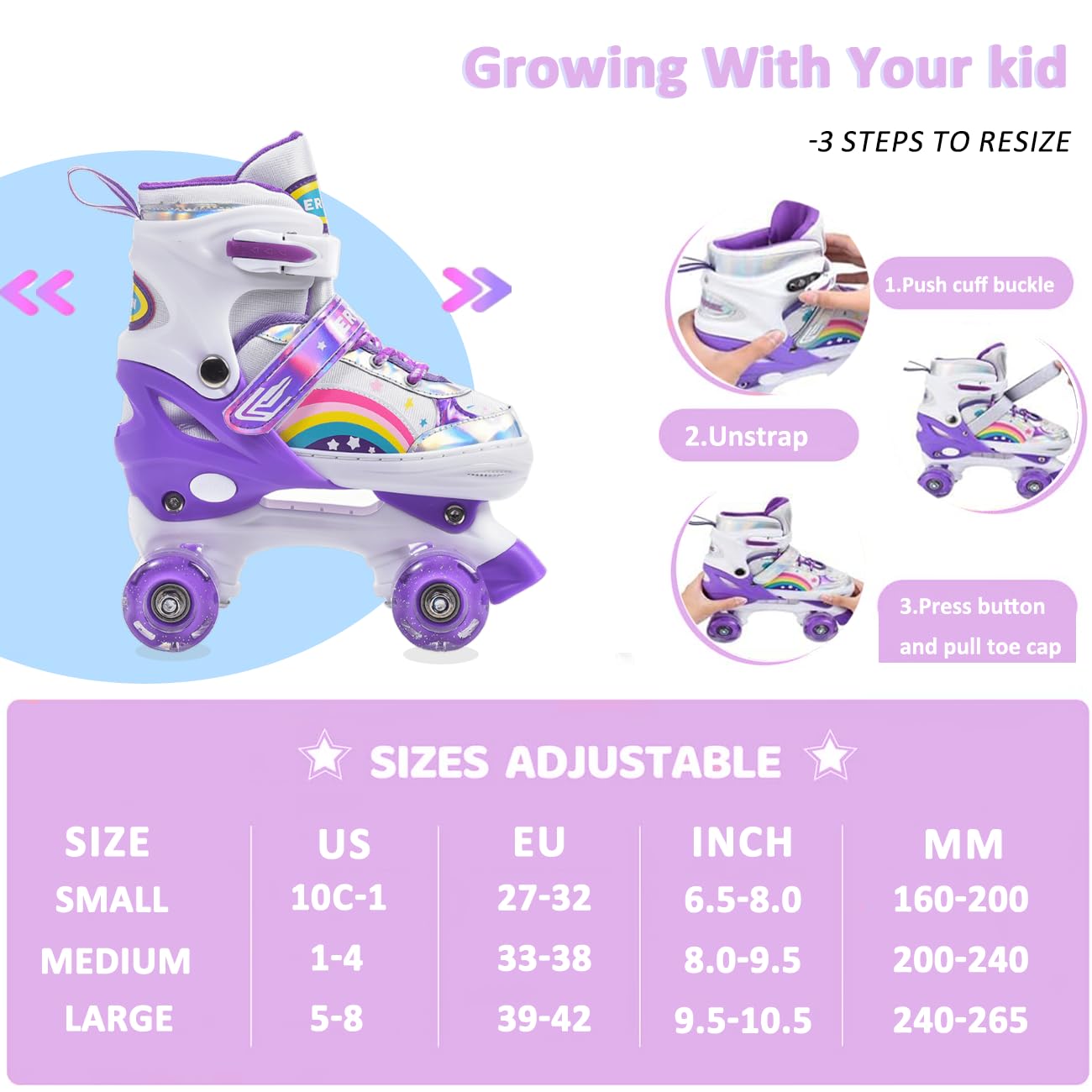ERNAN Rollschuhe Mädchen Verstellbar.komfortabl LED Rollerskates für Jugendliche und Anfänger.4 Größen verstellbar,Rollschuhe für Mädchen,Jungen und Anfänger