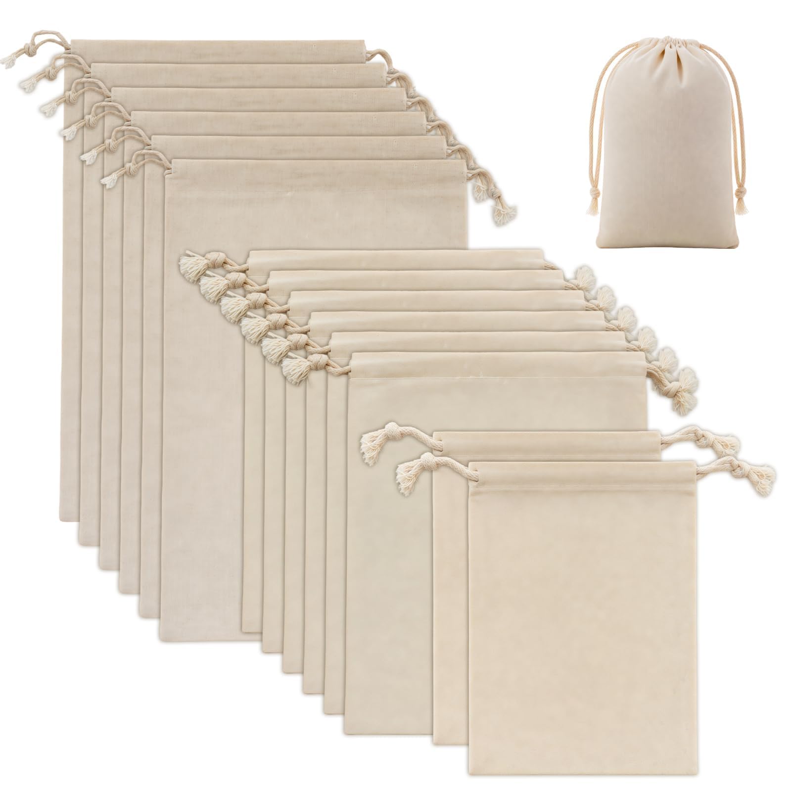 Cotton Drawstring Bags 14 Pcs, Reusable Muslin Gift Bags in 3 Sizes 20x30cm, 15x20cm and 10x15cm, Cloth Storage Pouches for Jewellery, Candy, Wedding Favours and DIY Crafts