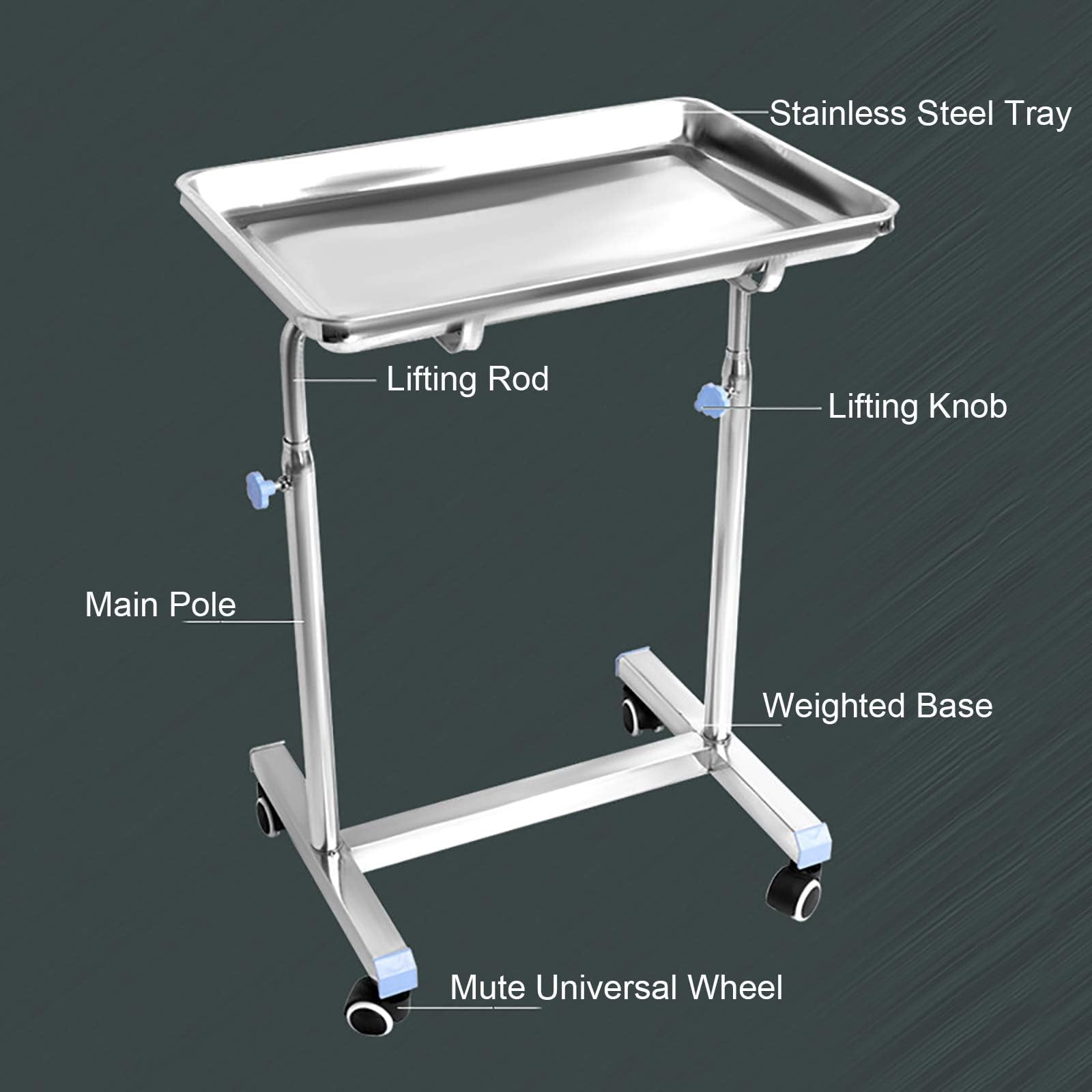 Carrito móvil de acero inoxidable, soporte de altura ajustable para equipo médico, spa, tatuaje y salón, bandeja móvil portátil para médicos y cuidado personal