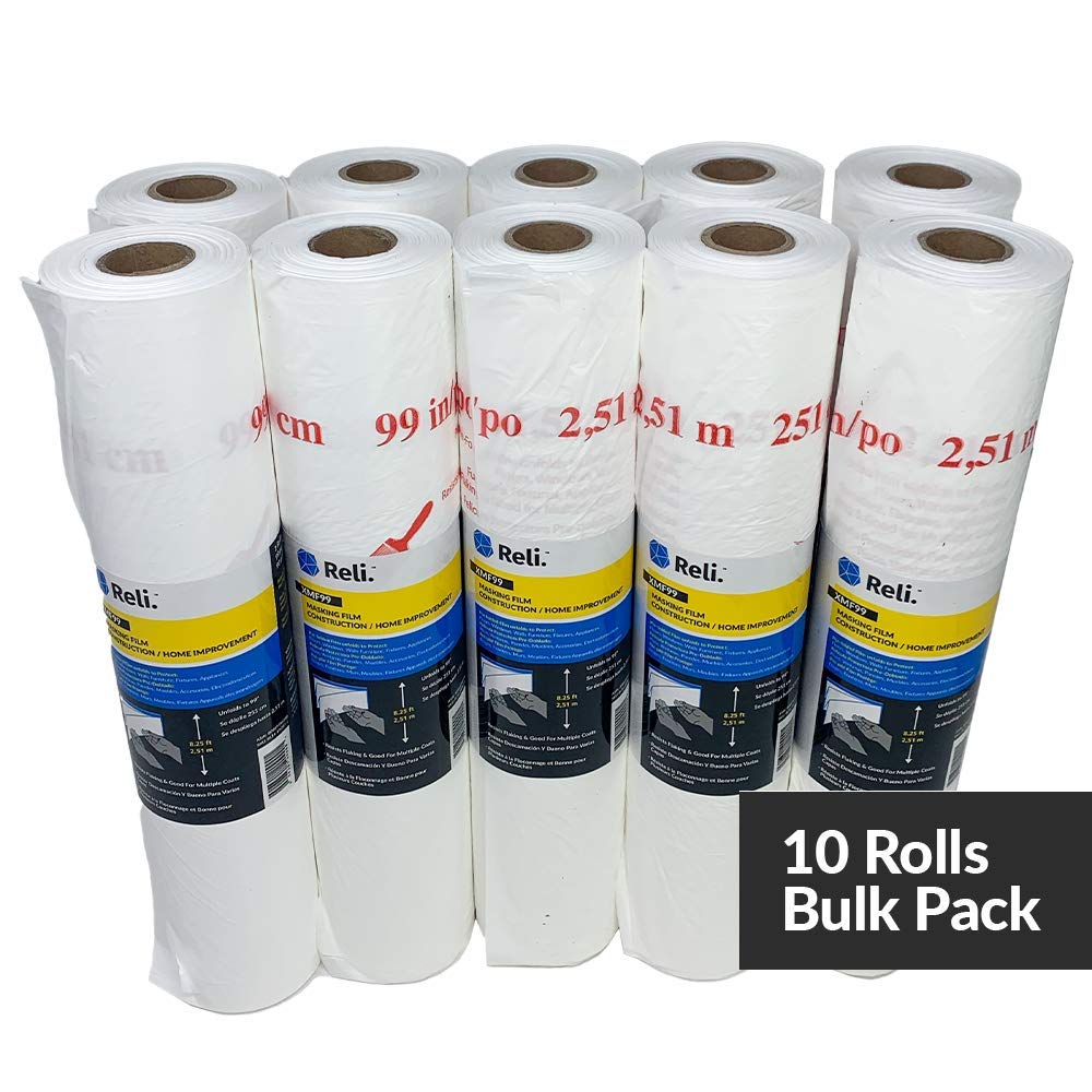 Reli. Película de enmascaramiento, 10 rollos a granel (90 pies x 99 pulgadas) – Película de plástico para pintar, automotriz, preplegada, película de plástico a granel