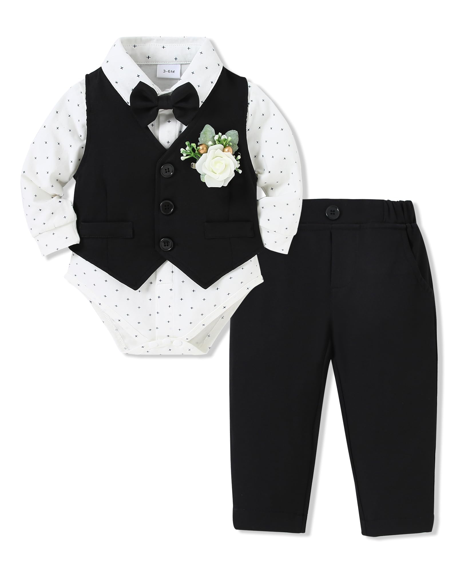 SANMIOBaby Boy Clothes Suits Infant Gentleman Outfit Collared Dress Shirt+Vest+Tie+Corsage+Pants 5Pcs Baby Suit Sets