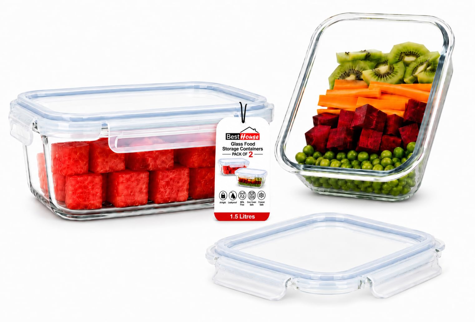 BH | 2-Pack Glass Food Storage Containers with Lid | 1500ml | Borosilicate Glass Meal Prep Containers | Airtight & Leakproof Food Storage Boxes | BPA Free, Microwave, Dishwasher Safe – by Best House