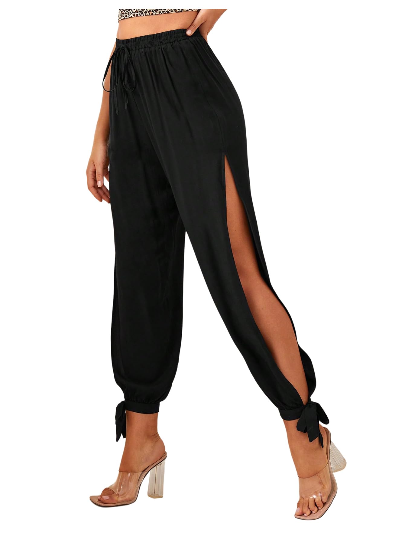 WDIRARA Womens High Waisted Slit Harem Pants Bow Tie Drawstring Cropped Trousers