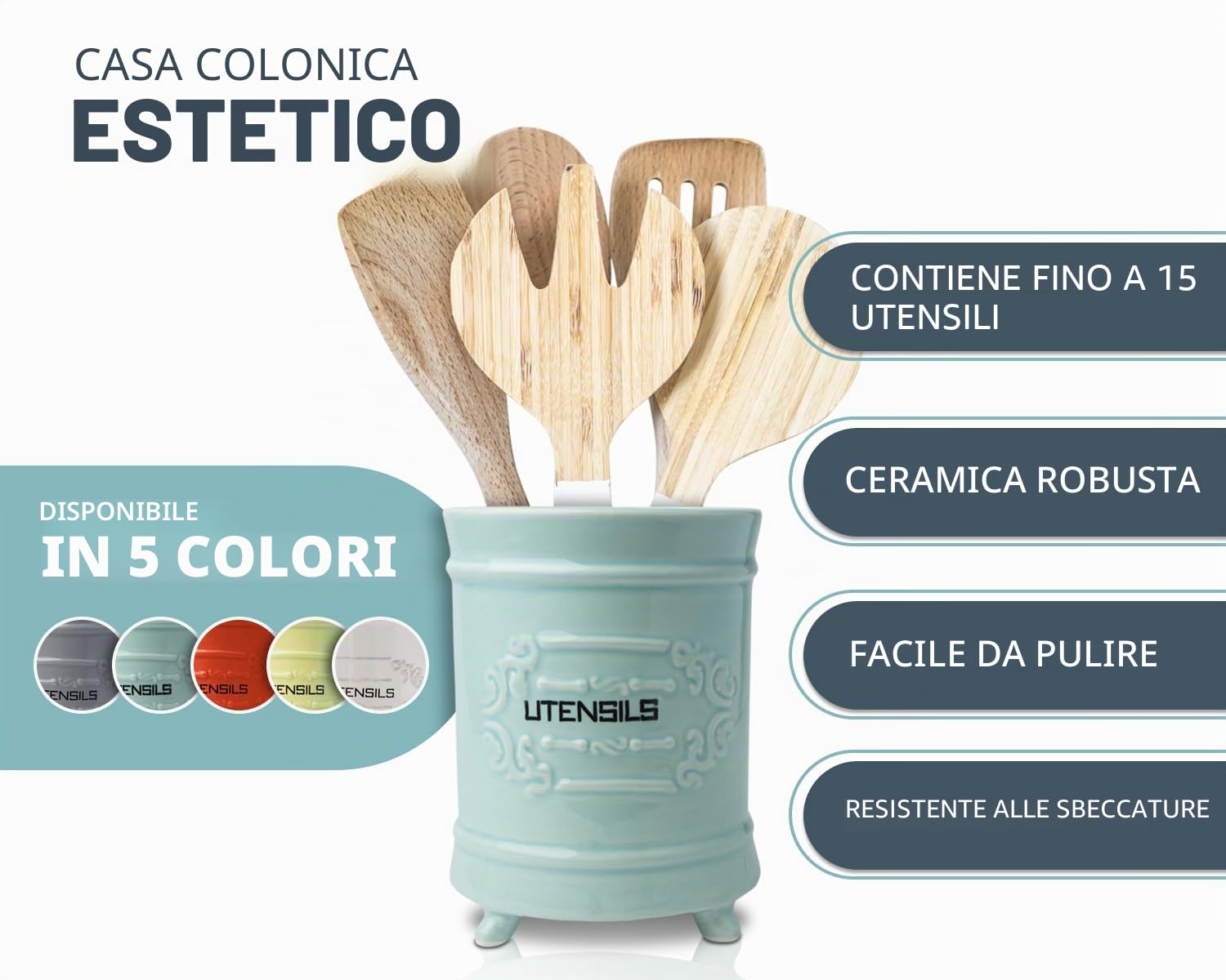 Comfify Portautensili in Ceramica Blu Francese - Organizer per Utensili in Stile Vintage e Design Antico - Rustico, per Gli Appassionati di Cucina