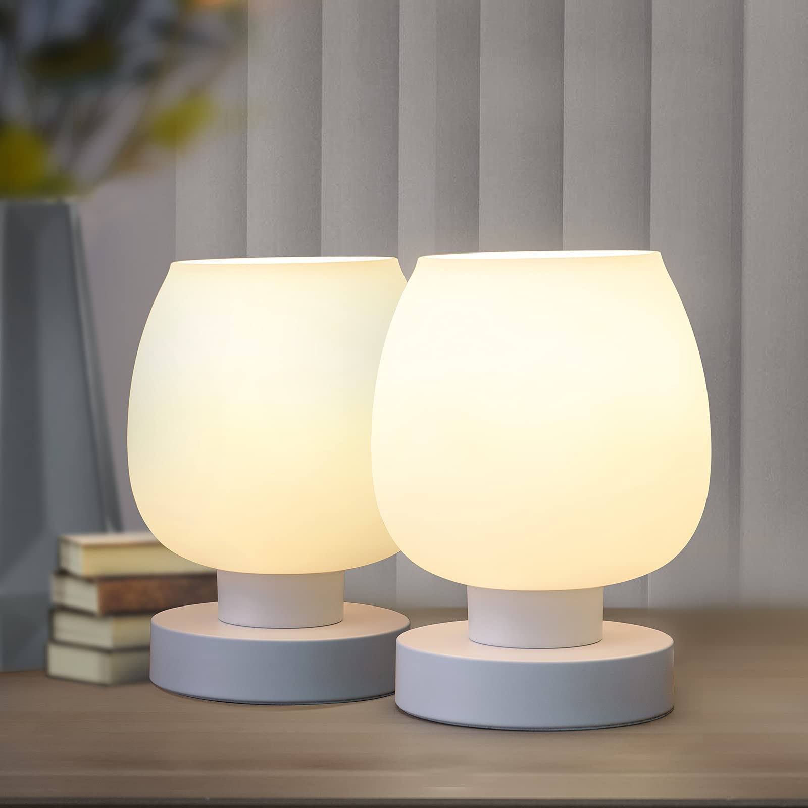 Touch Bedside Table Lamp Set of 2 - Small Modern Table Lamp for Bedroom Living Room Nightstand, 3-Way Dimable Desk lamp with White Opal Glass Lamp Shade, 3000K LED Bulb, Simple Design Home Decor