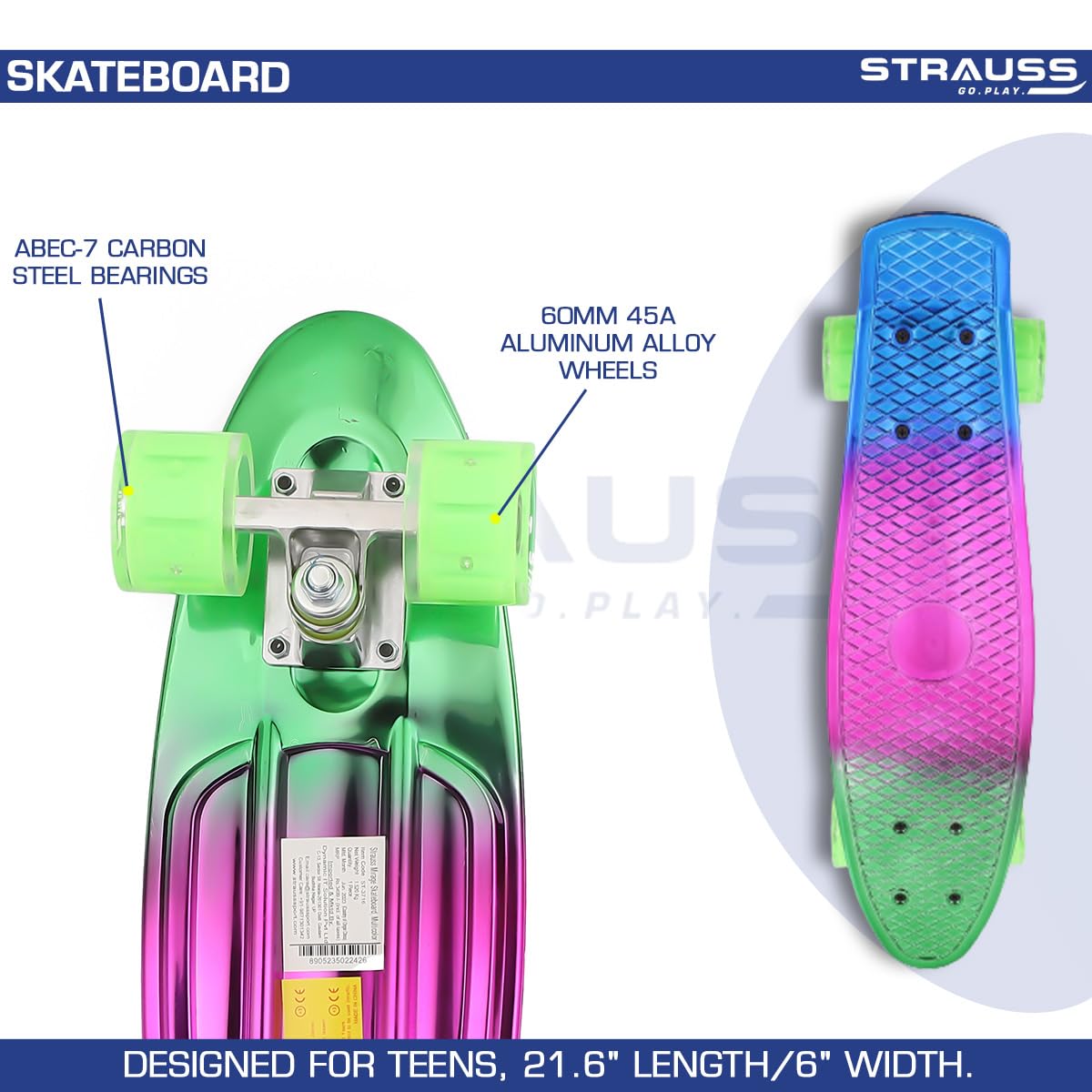 STRAUSS Polypropylene Cruiser Skateboard Penny Casterboard Hoverboard Anti-Skid Board With Abec-7 High Precision Bearings Ideal For 8 Years And Above 22 X 6 Inch, (Green,Pink,Blue) - Image 2 thumbnail