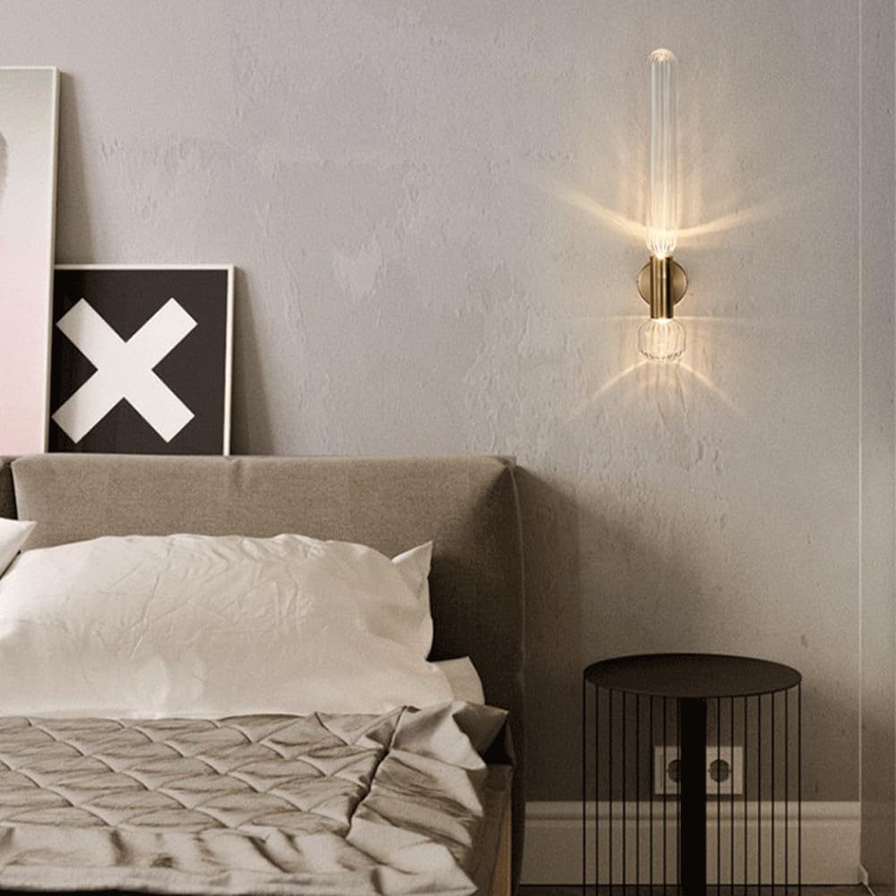 Lampada da parete a LED in oro Lampada da parete moderna in vetro a tubo lungo e lungo Lampada da parete in vetro trasparente a strisce nordiche su e giù 9W 3000K Lampada da bagno Lampada da p