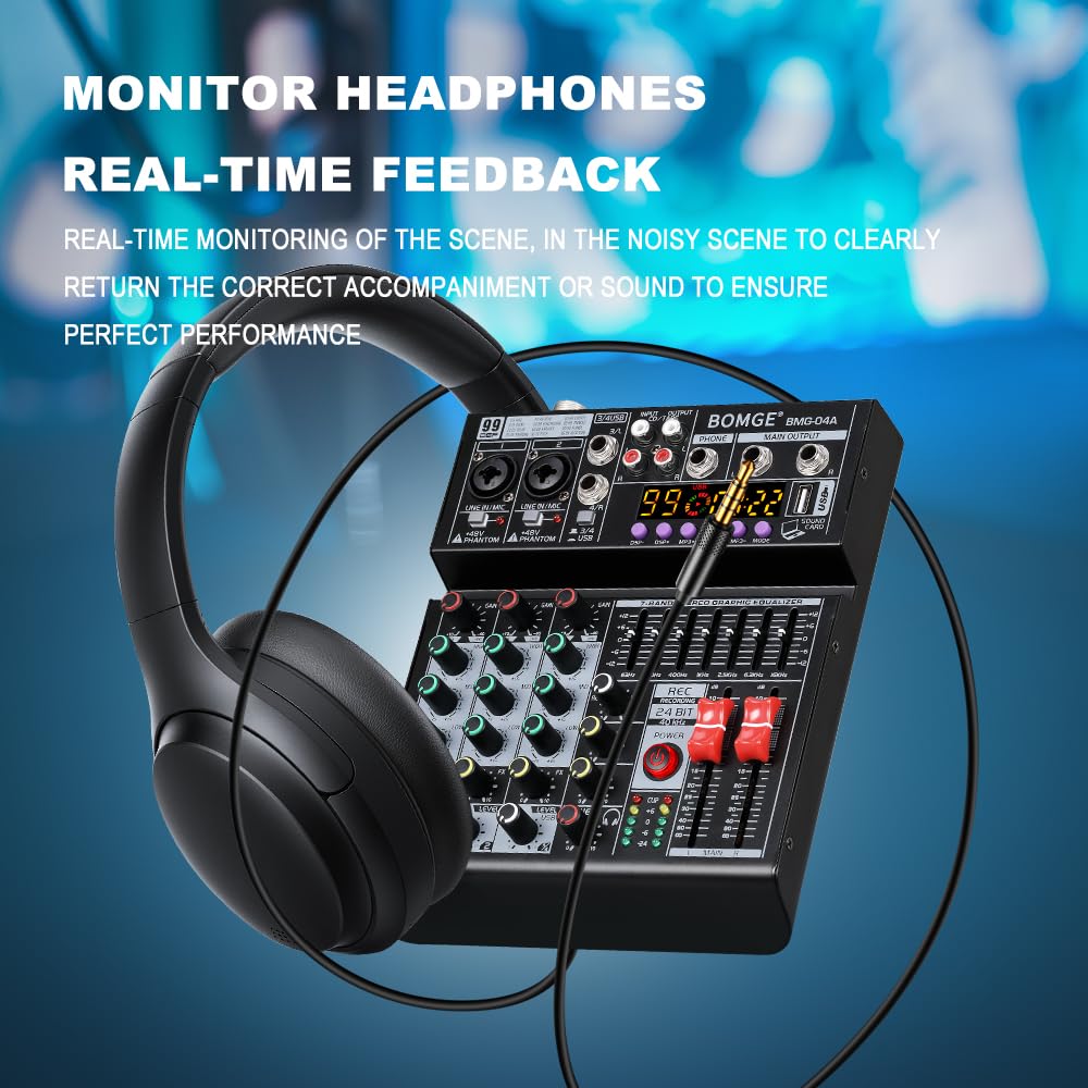 BOMGE Mezclador de audio 04A, consola de mezcla de placa de sonido profesional con USB/Bluetooth/computadora/mezclador de DJ de entrada estéreo de 4 canales, efecto Phantom Digital 99 DSP de 48 V para