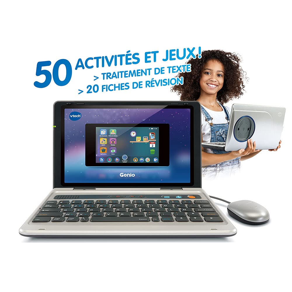 VTech - Genio, Mon Premier Vrai Ordi Gris Métal, Ordinateur Enfant avec Écran Couleur 5 Pouces, Souris, 50 Activités et Jeux Éducatifs, Cadeau Enfant de 5 Ans à 12 Ans - Contenu en Français