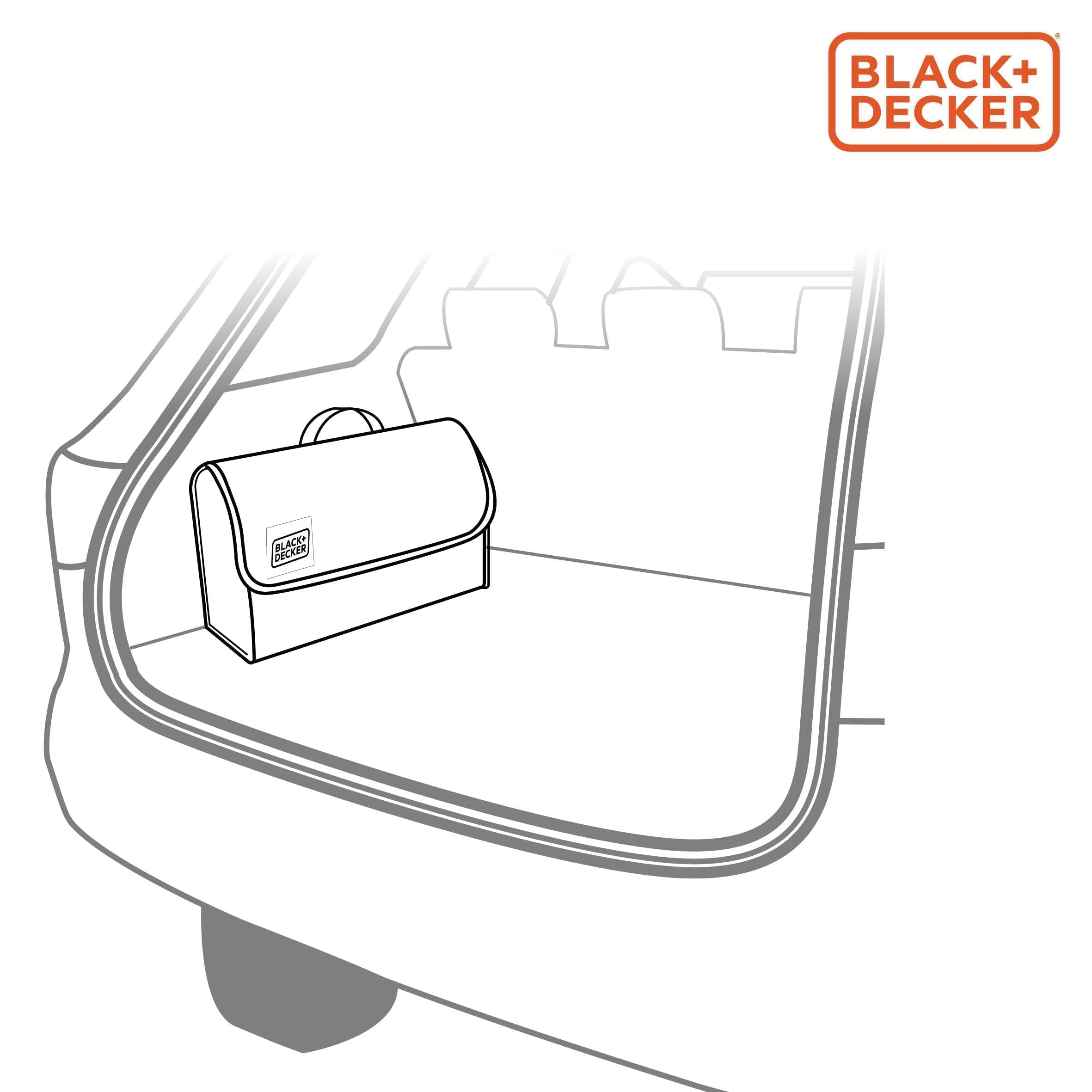 Black+Decker Organizador Maletero Coche - Organizador Coche 55 x 15 x 23 CM - Caja Plegable con 1 Compartimento Grande y 2 Bolsillos Deslizantes - Accesorios Coche y Compras - Con Velcro - Negro