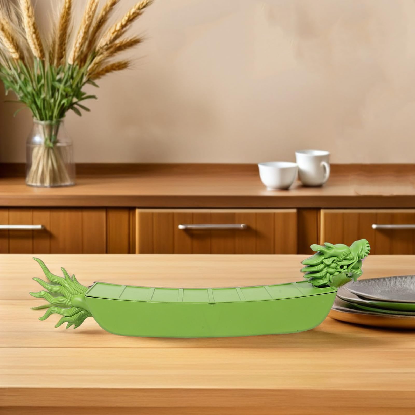 iplusmile Bandeja para Servir Forma de Barco Dragón para Zongzi | Verde, Plástico, 80x20x15cm, Apta para Snacks y Fruta, para Fiestas y Cenas Familiares