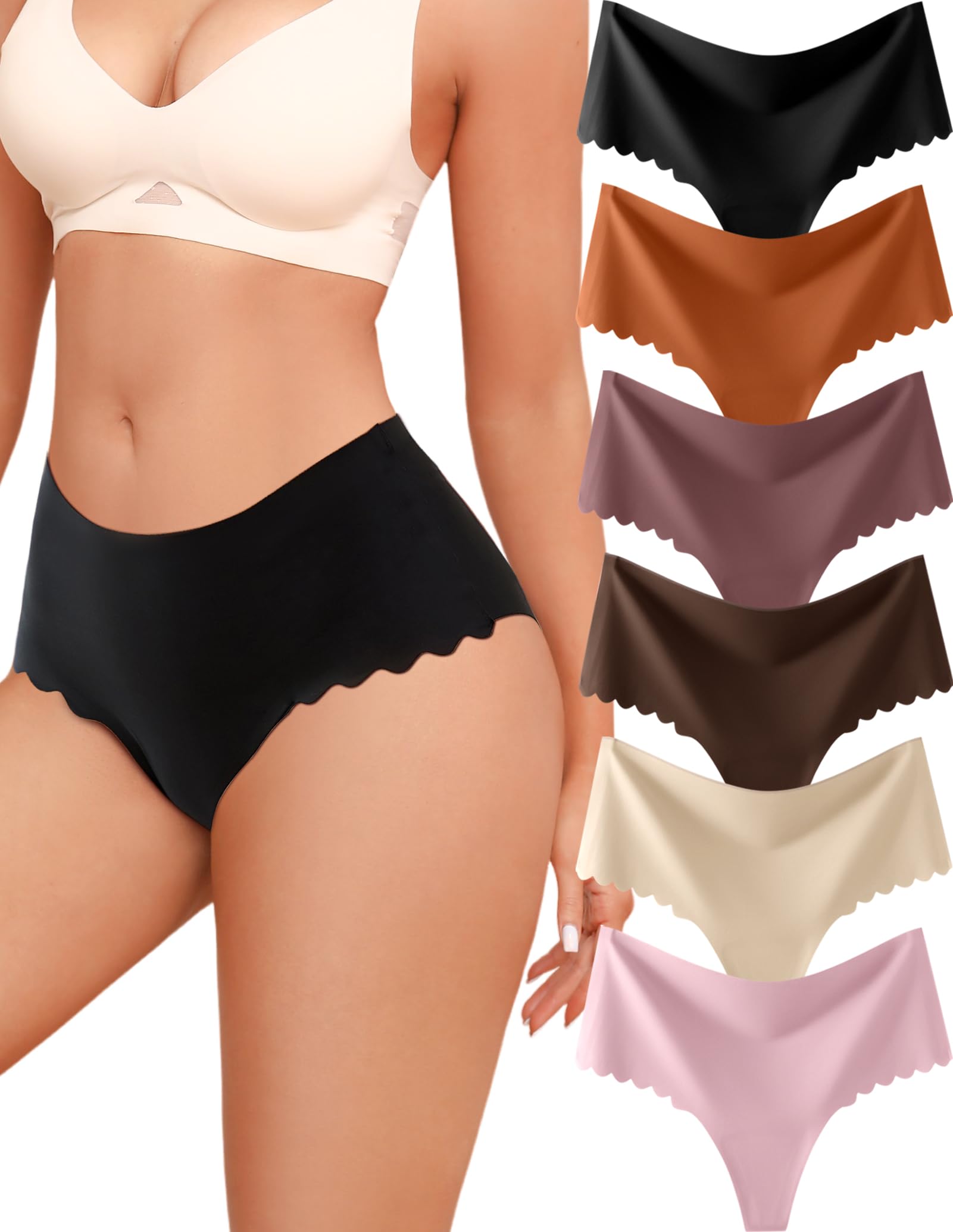Thongs for Women High Waisted Seamless Underwear Women Wave Edge No Show Sexy Breathable Panties 6 Pack