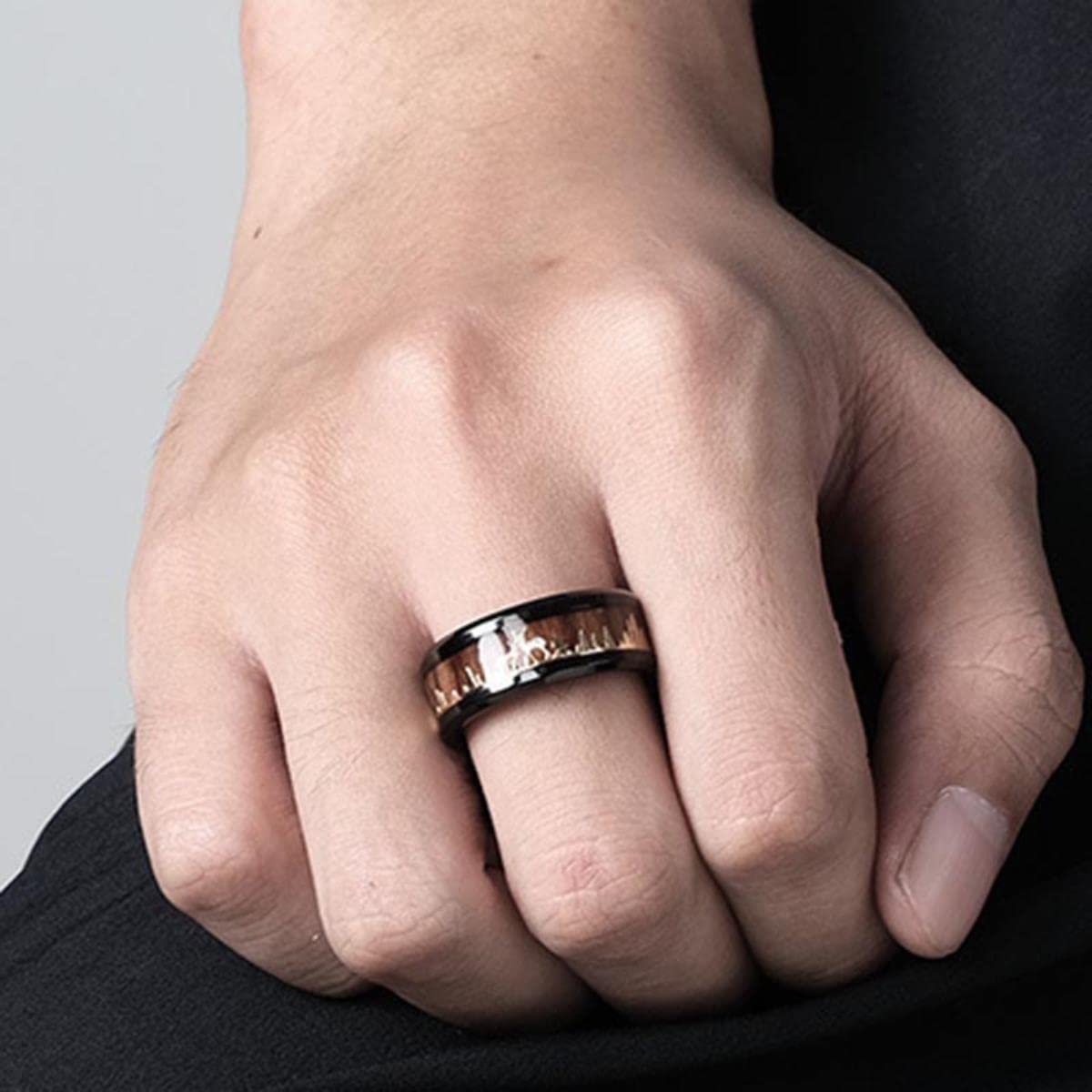 Mode 8mm Männer Schwarz Wolfram Wild Leben Jagd Ring Koa Holz Inlay Hirsch Familie Silhouette Stahl Ring Männer Ehering