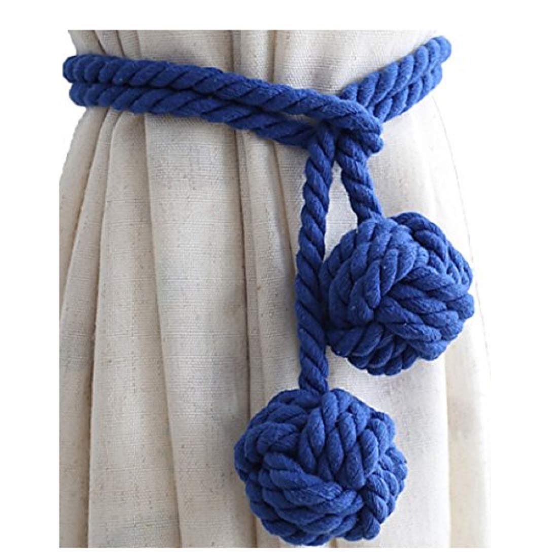 LISSOMPLUME 2 PACK Cotton Knit Curtains Tieback Home Drapery Rope Tassel Holdback Double Ball for Home Decor Sapphire
