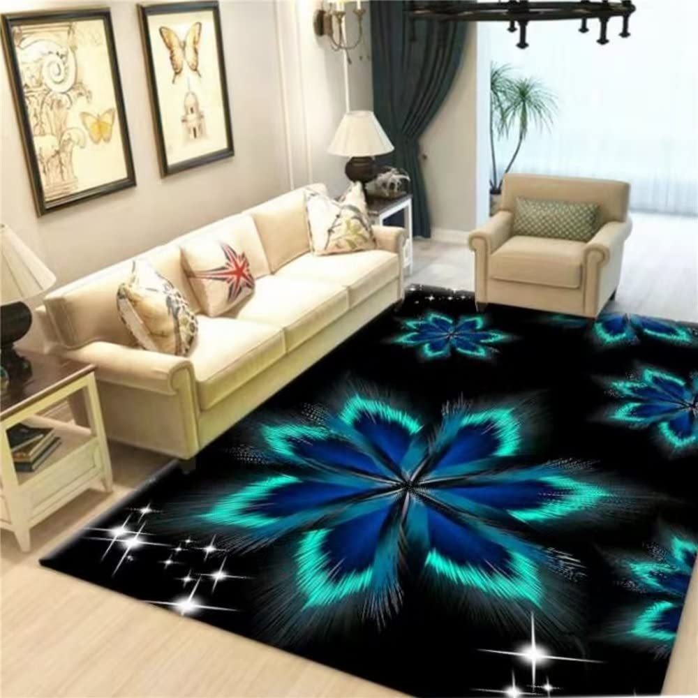 Tapis design salon bleu et plumes pour un intérieur cosy