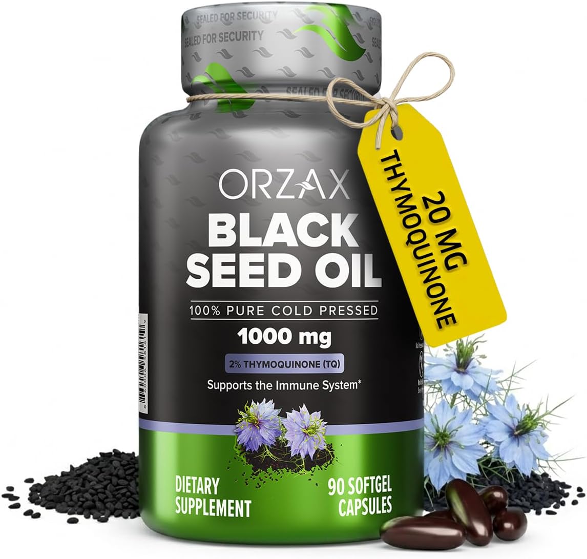 ORZAX Black Seed Oil Capsules, 90 Days Supply, 2% Thymoquinone, Non-GMO, Gluten Free, Cold Pressed Black Cumin Pills, Nigella Sativa Supports Immune System, Joints, Hair Growth, Skin