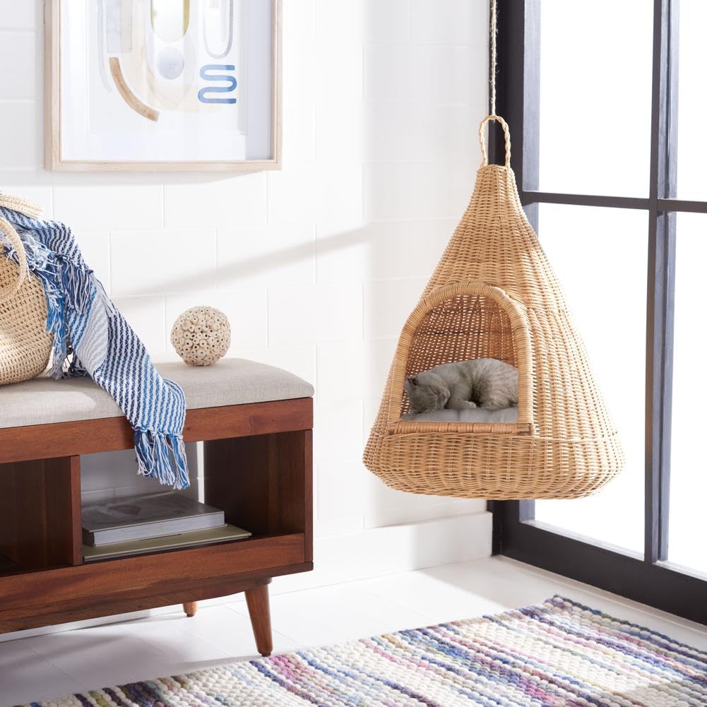 SAFAVIEH Home Collection Tifa Honey Brown Rattan Hanging Pet Cat Bed with White Cushion, Ideal for Living Room, Bedroom, Entryway (Fully Assembled)
