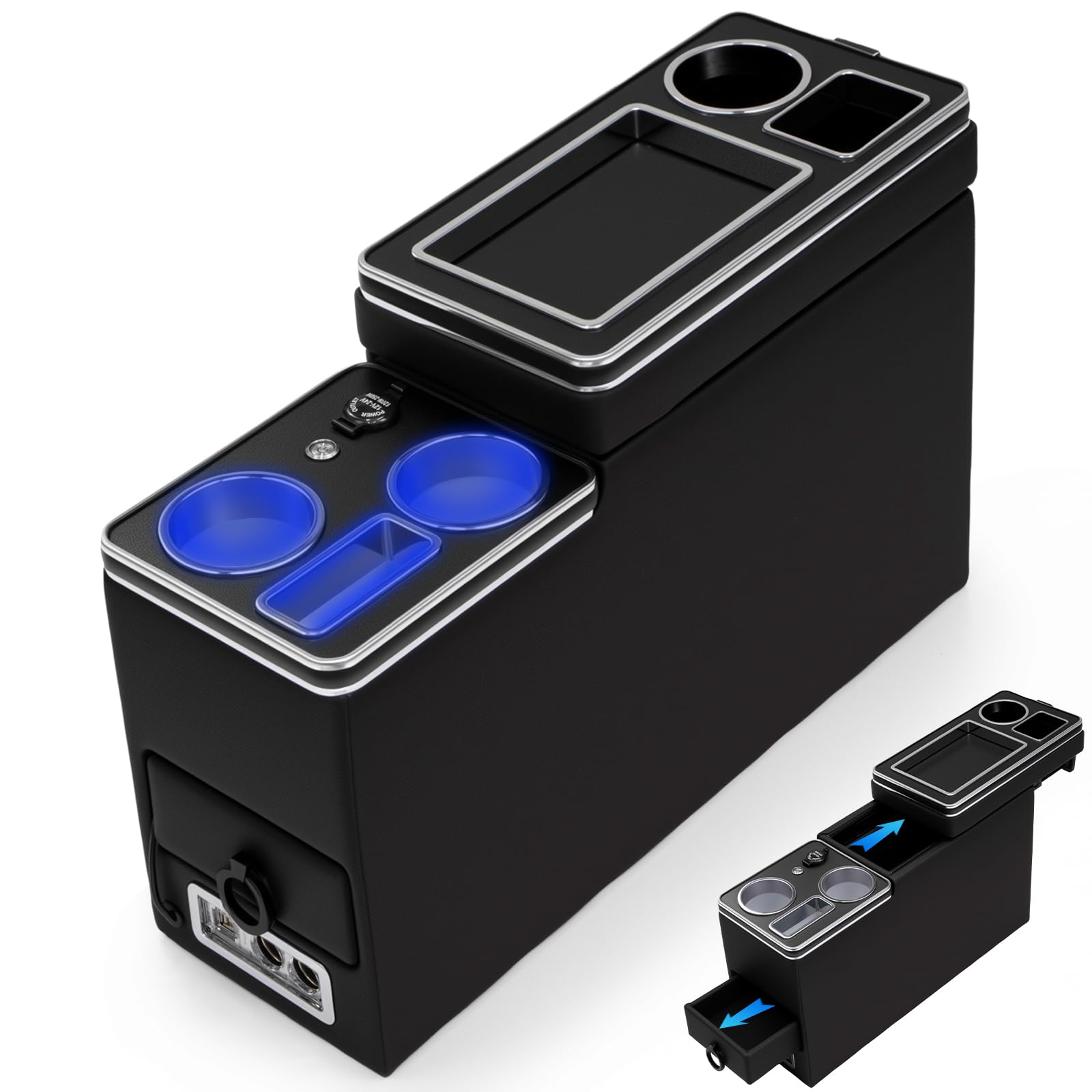 Photo 1 of Center Console Between Seat Organizer for Minivans,SUVs,with Dual USB charging at the front and back,ambient lighting and drawers for Minivan&SUVs, Middle Van Floor Console Organizer Storage Box Black