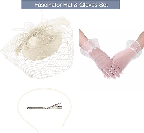 Miniatura 3 de Ibeauti Sombreros tocados con guantes de encaje Screentouch para mujer, fiesta de té, cóctel, boda, Derby, guantes cortos