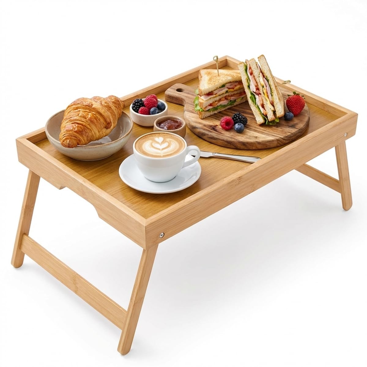 Betttablett Klappbar Frühstückstablett Bambus Serviertablett erhöhter Rand Klapptisch 40x30x19cm Betttisch Laptoptisch Serviertisch Laptopständer Sofatablett Essenstablett für Bett (Holzfarbe)