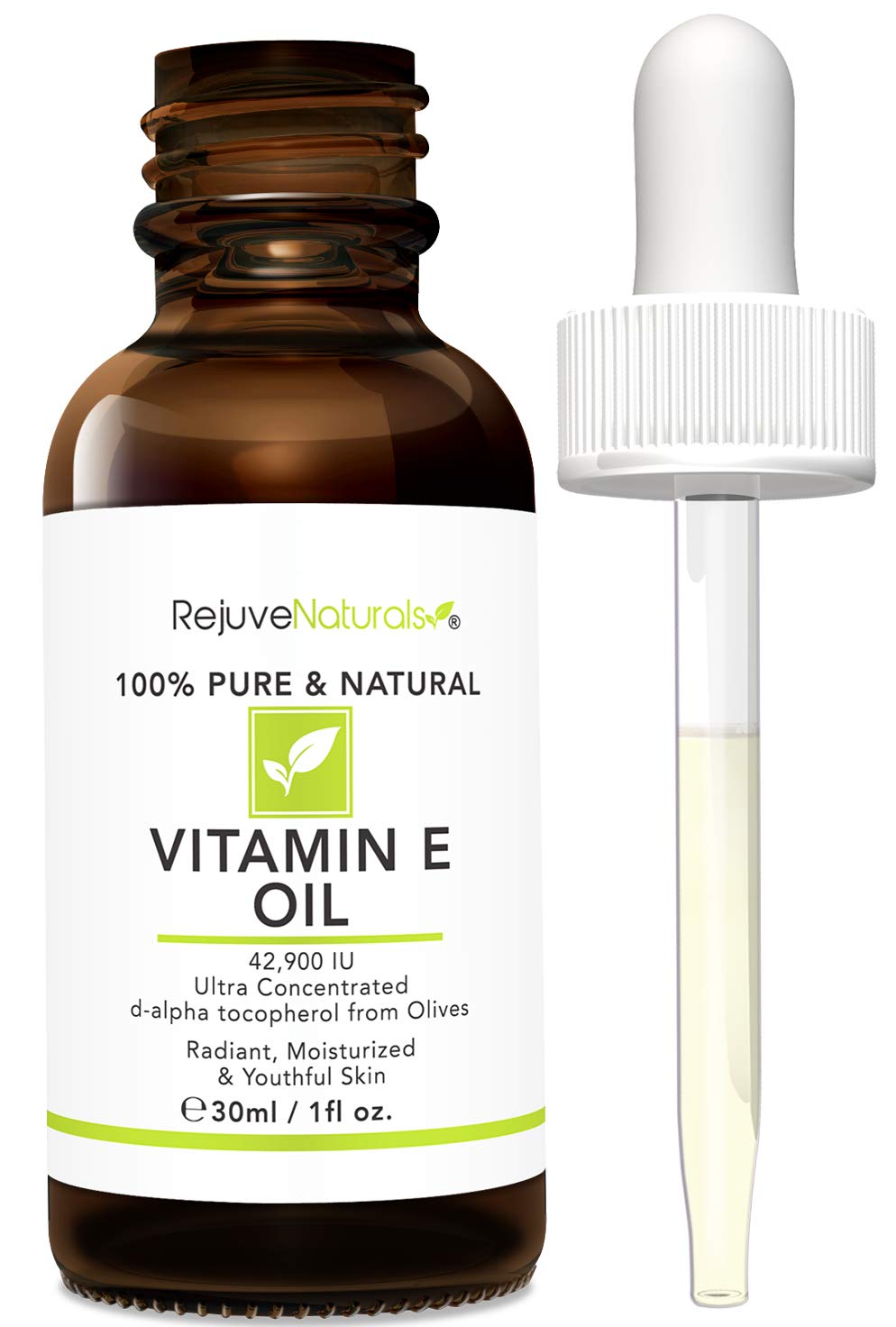 Vitamin E Oil - 100% Pure & Natural, 42,900 IU. Visibly Reduce the Look of Scars, Stretch Marks, Dark Spots & Wrinkles for Moisturized & Youthful Skin. d-alpha tocopherol from Olives, Natural-E-Clear
