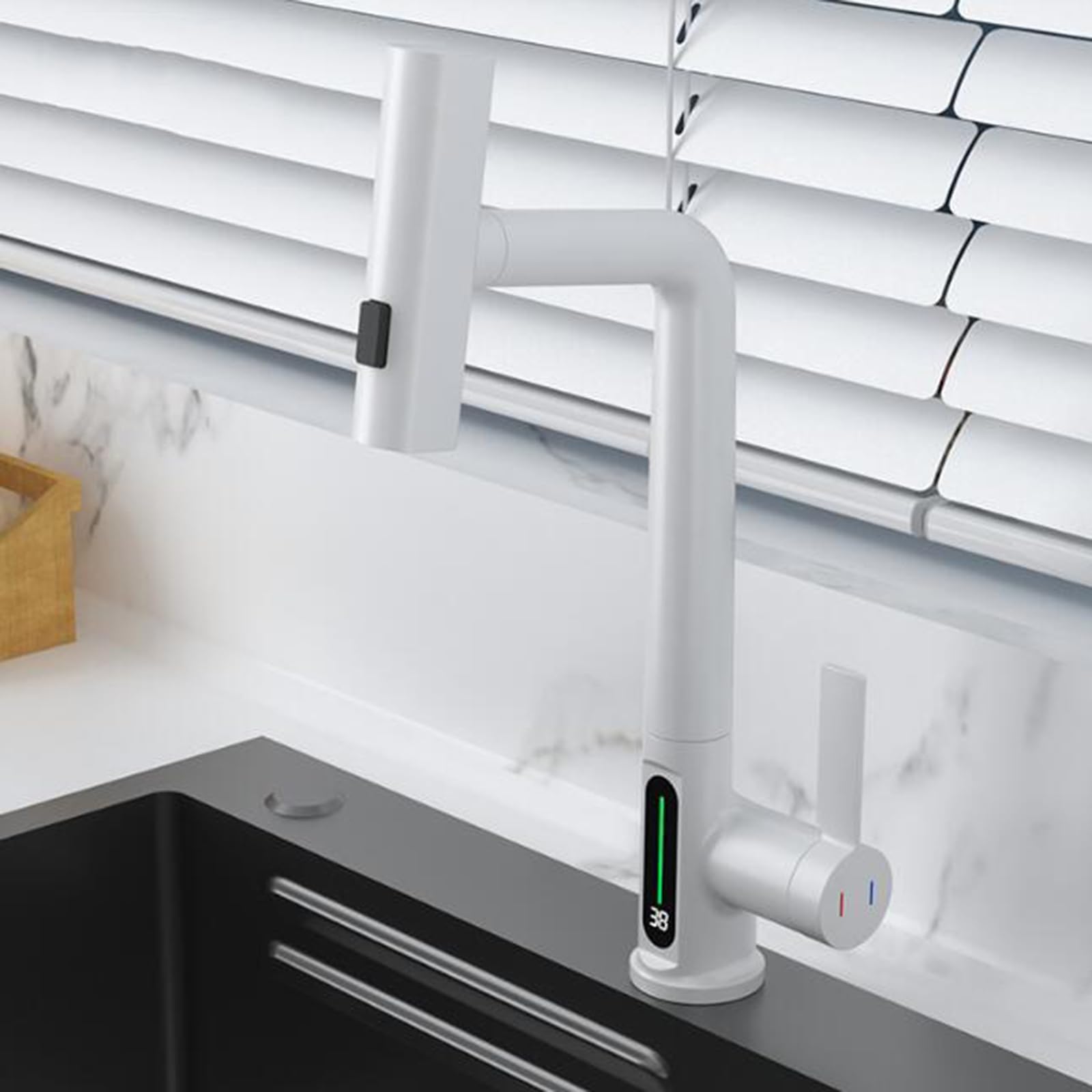 Kitchen Faucets with Pull Out Spray, Digital Temperature Display 3 Modes Waterfall Shower Mode Brass Pull Out Kitchen Mixer Faucet-White