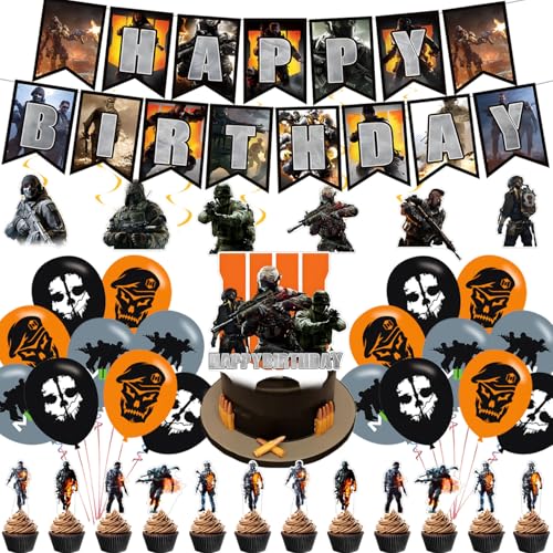 Gaming Call Party Birthday Supplies Duty Theme Party with Happy Birthday Banner Cake Toppers Ballons with Swirls for Fans Party Favors Decorations
