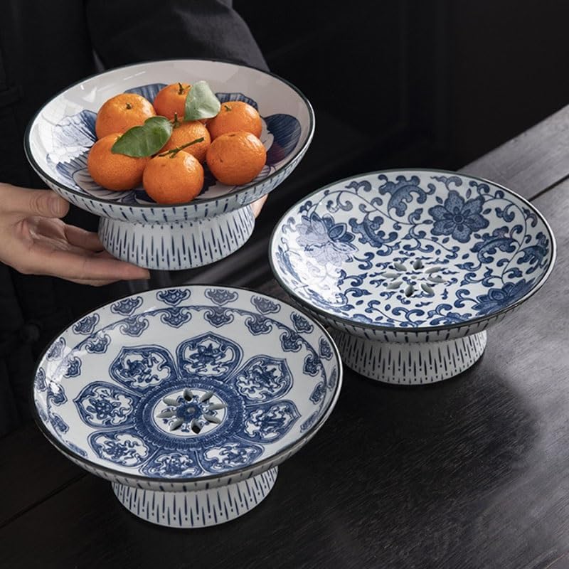Home Ceramic Retro High Legged Draining Fruit Plate Dim Sum Snack