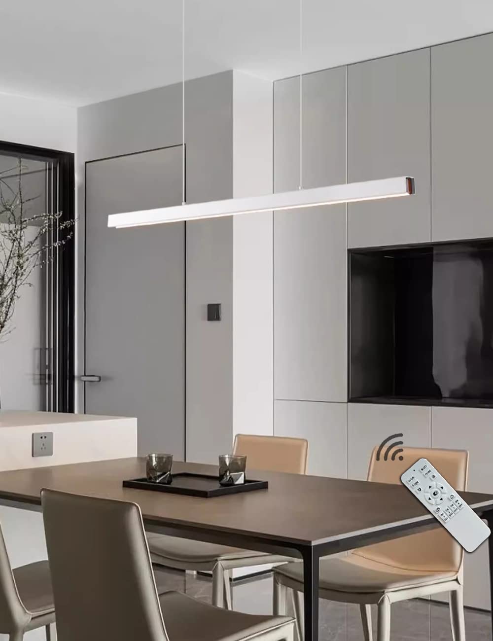 WJYCYN LED Hanging Lamp Modern Dimmable with Remote Control Linear Design Dining Table Pendants & Pendant Lights Height Adjustable Kitchen Island for Dining Room Office Chandeliers (White, L100cm)