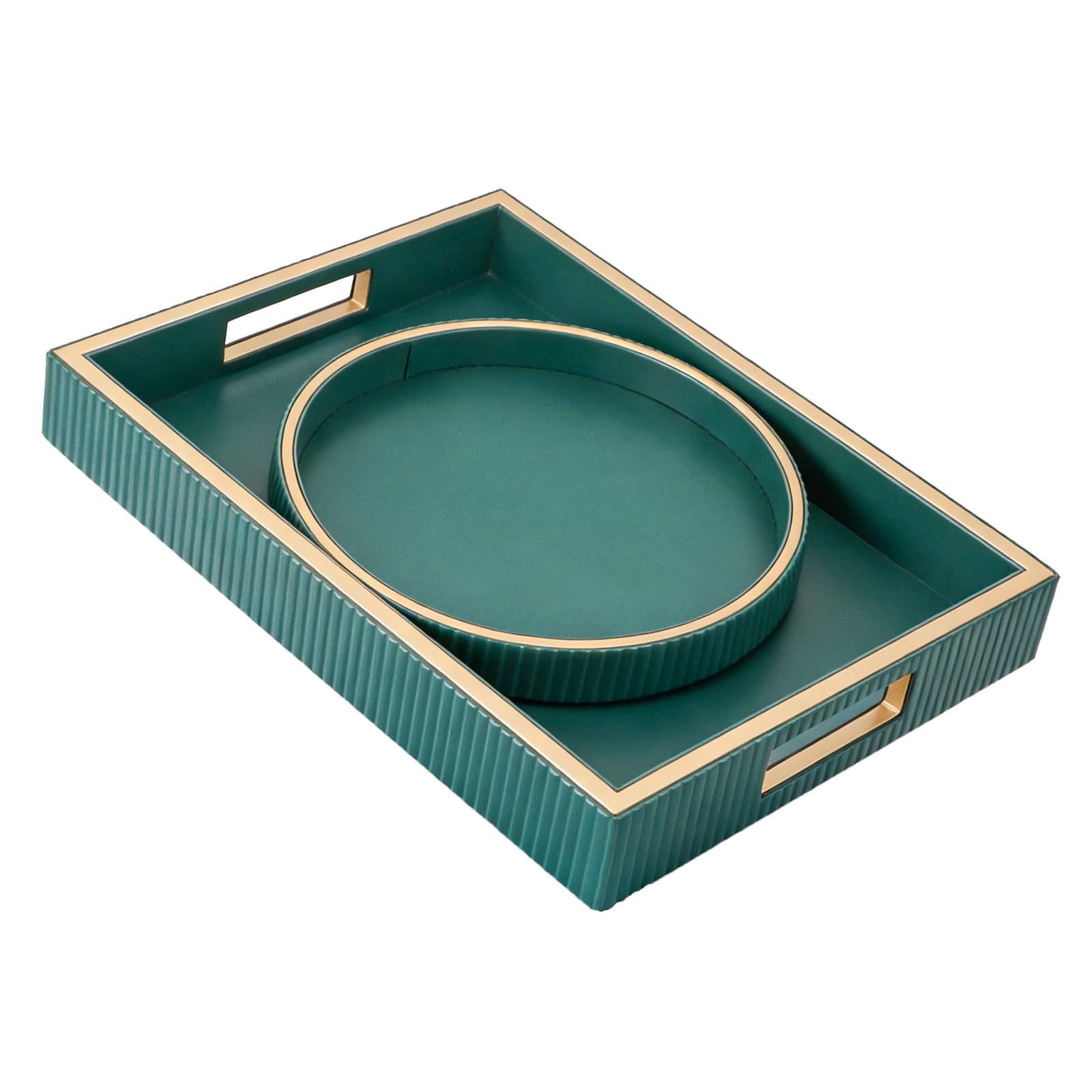 SANZIE Leather Tray Desktop Storage Organizer Premium Serving Tray Decorative Tray Valet Tray for Sundries Cosmetics Keys Phone Wallet Cutlery (Green Holder with Disc)