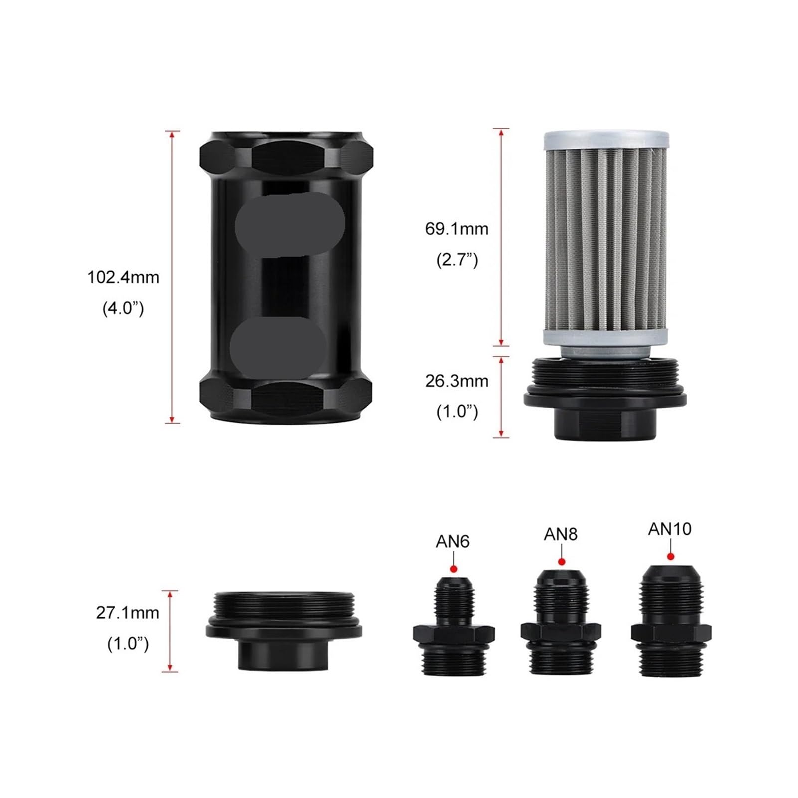 Filtro de combustible en línea AN6/AN8/AN10 acero inoxidable 100 micrones(Black AN10 Fitting)