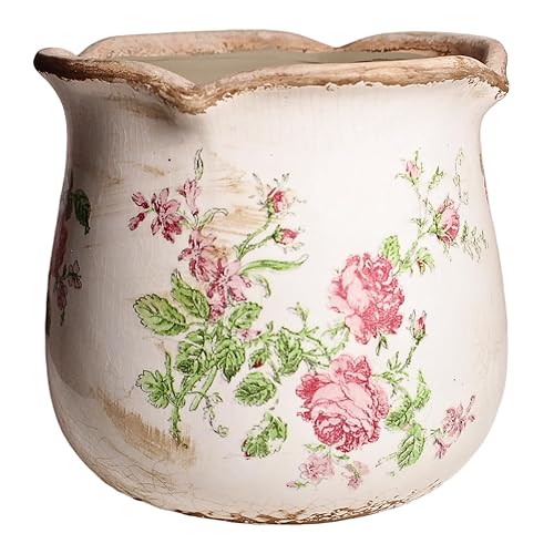 Shabby Chic Flower Pot, 6.11 Inch Ceramic Planter with Drainage