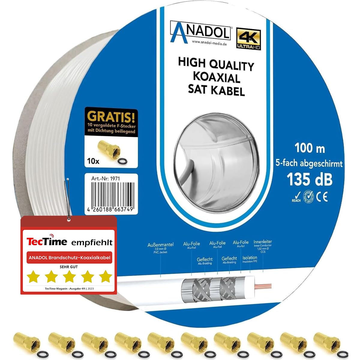 Anadol Câble coaxial anti-incendie avec 10 fiches F plaquées or 5 prises mâles Ø 7 mm 135 dB, blindé 5 fois, standard EN 50575 100 Meter