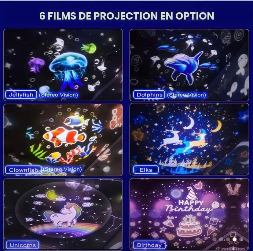 Elloé Veilleuse Projecteur Océan Étoilé Veilleuse avec 12 Effets d'Eclairage 6 Films de Projection Multiples Thèmes Dauphins, Poisson-Clown, Licornes et Anniversaire