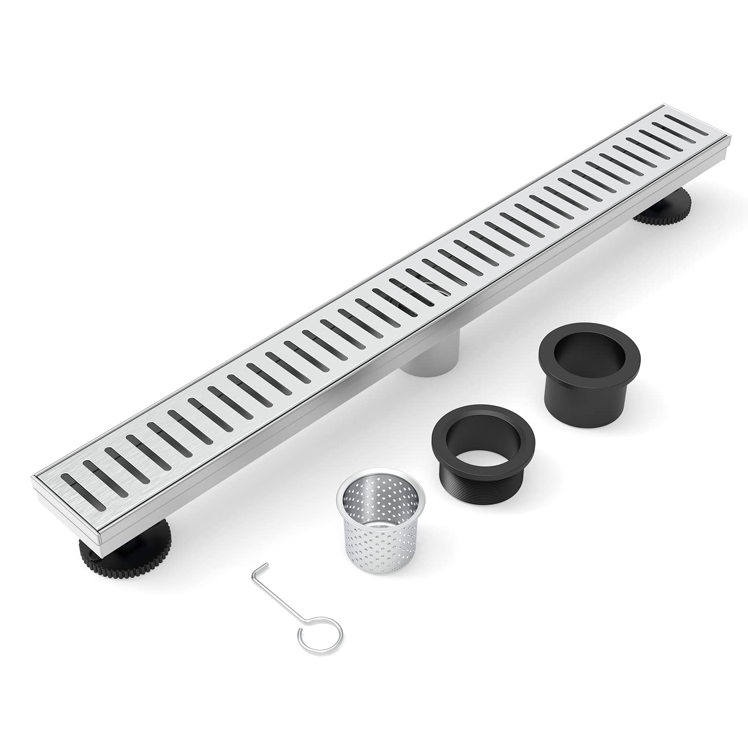 24 Inch Linear Shower Drain Rectangular Floor Drain with Accessories Capsule Pattern Cover Grate Removable SUS304 Stainless Steel CUPC Certified Brushed