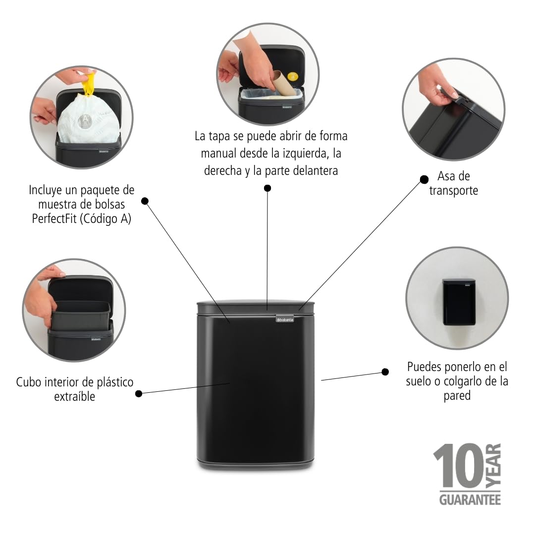 Brabantia - Cubo de basura Bo 4 L - Pequeño y elegante cubo de basura - Tapa de apertura fácil y cierre suave - Higiénico, ahorra espacio - Montaje en la pared - Para baño o dormitorio - Negro Mate