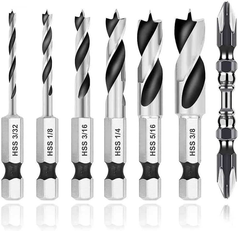 6pcs Three-Point Drill Bits with Screwdriver Bit Set 1/4Inch Hex Shank Woodworking Drill Bit 3/32" 1/8" 3/16" 1/4" 5/16" 3/8"