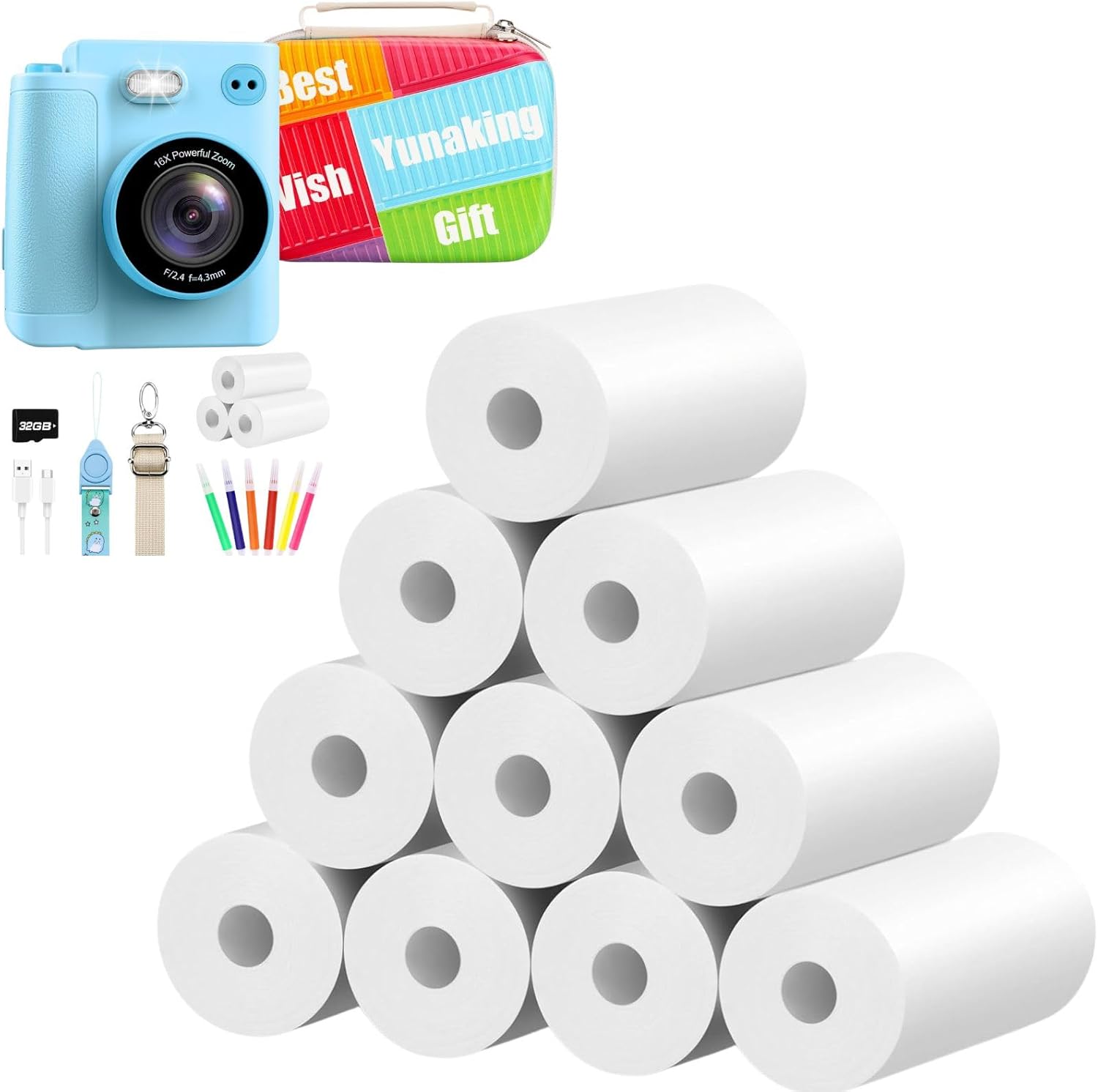 Blue Kids Instant Camera 10 Rolls Paper Refill
