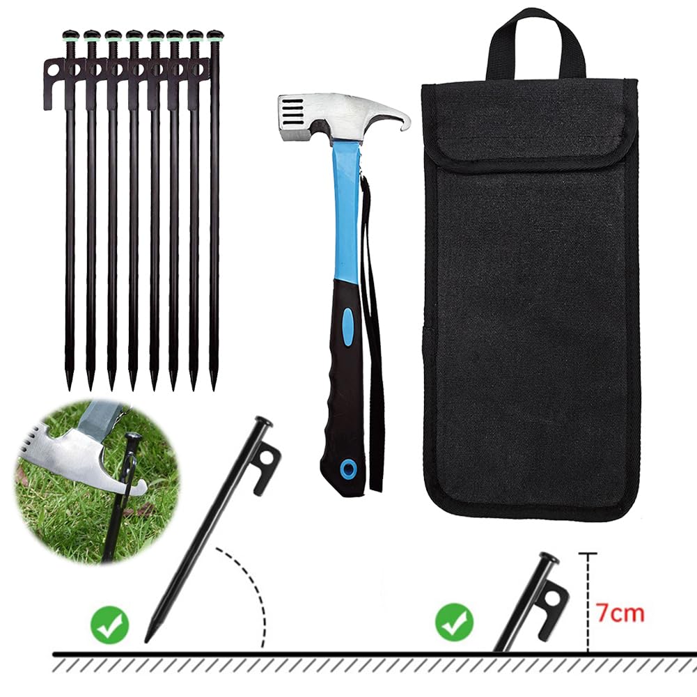 8 piquetas de acero forjado para tienda de campaña, resistentes e irrompibles, 30 cm, con bolsa de almacenamiento y martillo para camping al aire libre