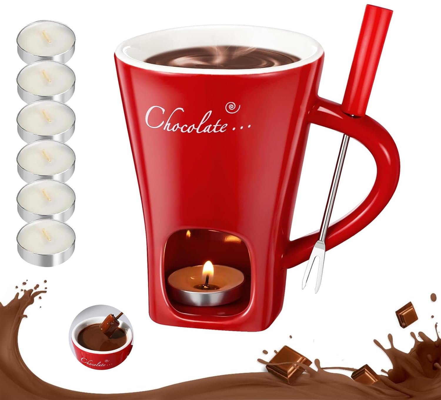 Chocolate Fondue Mug, Chocolate Melting Cup, Ceramic Chocolates Fondue Set with Fork, Cheese Warmer Cup, Butter Fondue Heated,Light Candle Fondue Melter Set for Home