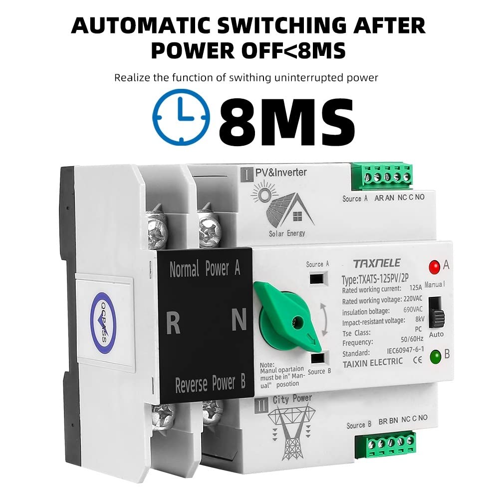 Interruttore Magnetotermico 2P 3P 4P ATS PV Inverter Dual Power Selettori di trasferimento automatico Interruttori ininterrotti 63A 100A 125A Solare fotovoltaico Interruttori Automatici(3P,100A(PV))