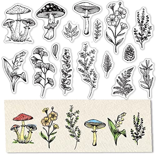 CRASPIRE Spring Plants Mushroom Clear Stamps for Card Making Decoration Scrapbooking Supplies Pine Cones Stamps Flower Lily Ginkgo Leaves Transparent Rubber Stamps for Paper Photo Album Crafting Decor