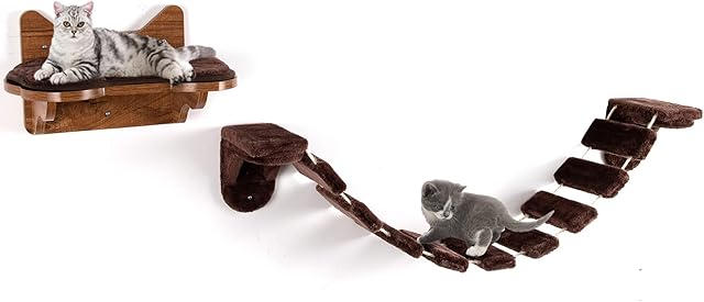 COSTWAY Wall Mounted Cat Shelf and Ladder, Wooden Cats Bridge Perch Platform with Detachable Mat, Kitten Activity Center Furry Climbing Steps