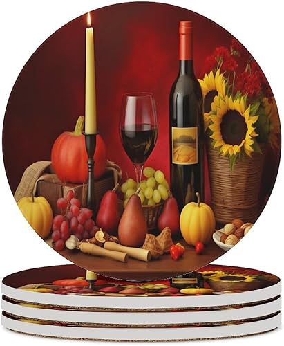 Miniatura 45 de Round-4 posavasos de cerámica para vino tinto, posavasos redondos absorbentes para bebidas, estilo vintage de madera, vino tinto, uvas, frutas y