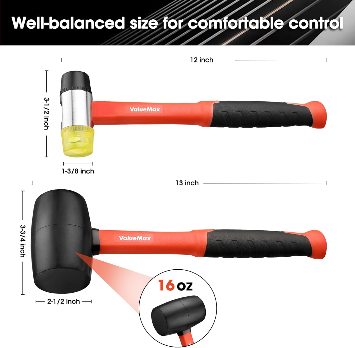ValueMax Rubber Mallet, 16oz Rubber Mallet Hammer And 35mm Double-Faced Soft Hammer, Fiberglass Handle With TPR Grip, Solid Head, 2 Piece Black Set