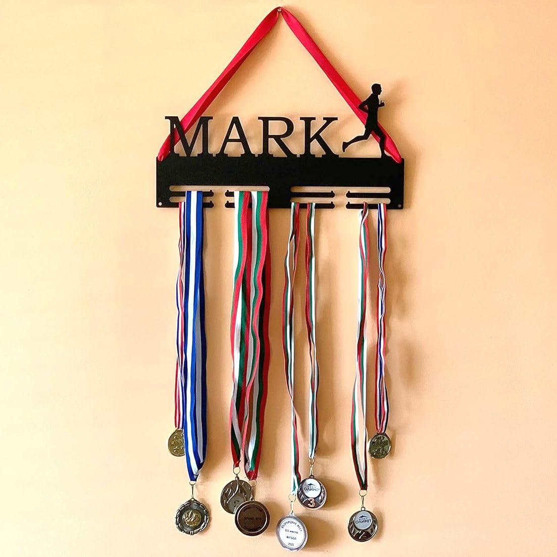Porta Medaglie personalizzato, Appendino per medaglie, Espositore in metallo per medaglie personalizzate, appendiabiti sportivi, ginnastica, corsa, maratona, corridore, Medal Hanger Display (Design 1)