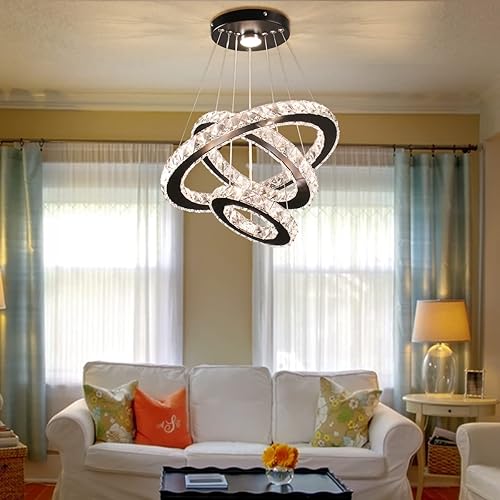 Miniatura 4 de diisunbihuo Lámparas LED de cristal regulables de color negro moderno con 3 anillos de luz colgante de altura ajustable para comedor, dormitorio,