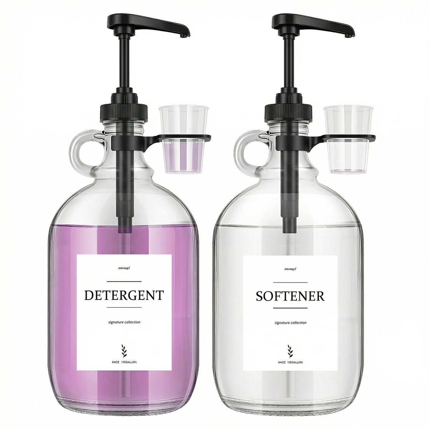 Photo 1 of 2 Pcs Glass Liquid Laundry Detergent Dispenser with Cup Holders, Half Gallon Dispenser for Laundry Room (64 oz. Each), Laundry Detergent Bottles with Pump Dispenser - (Black Pumps)