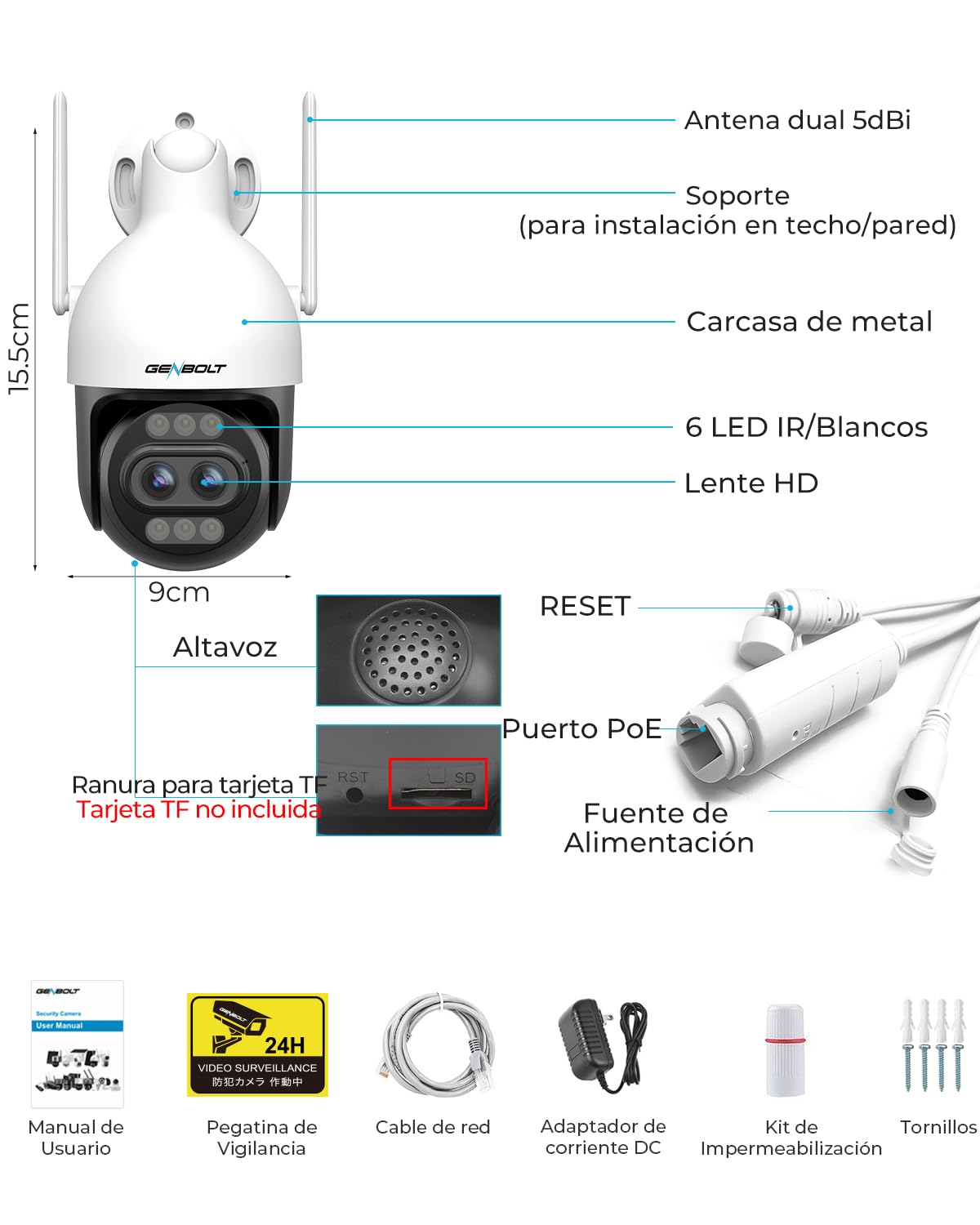 GENBOLT 4K WiFi Cámara Vigilancia Exteriores con PoE,Cámara CCTV IP de Doble Lente de 8MP Cámara Seguridad Exterior con Zoom Híbrido 10X y Seguimiento Automático de Personas y Vehículos(2,4&5GHz)