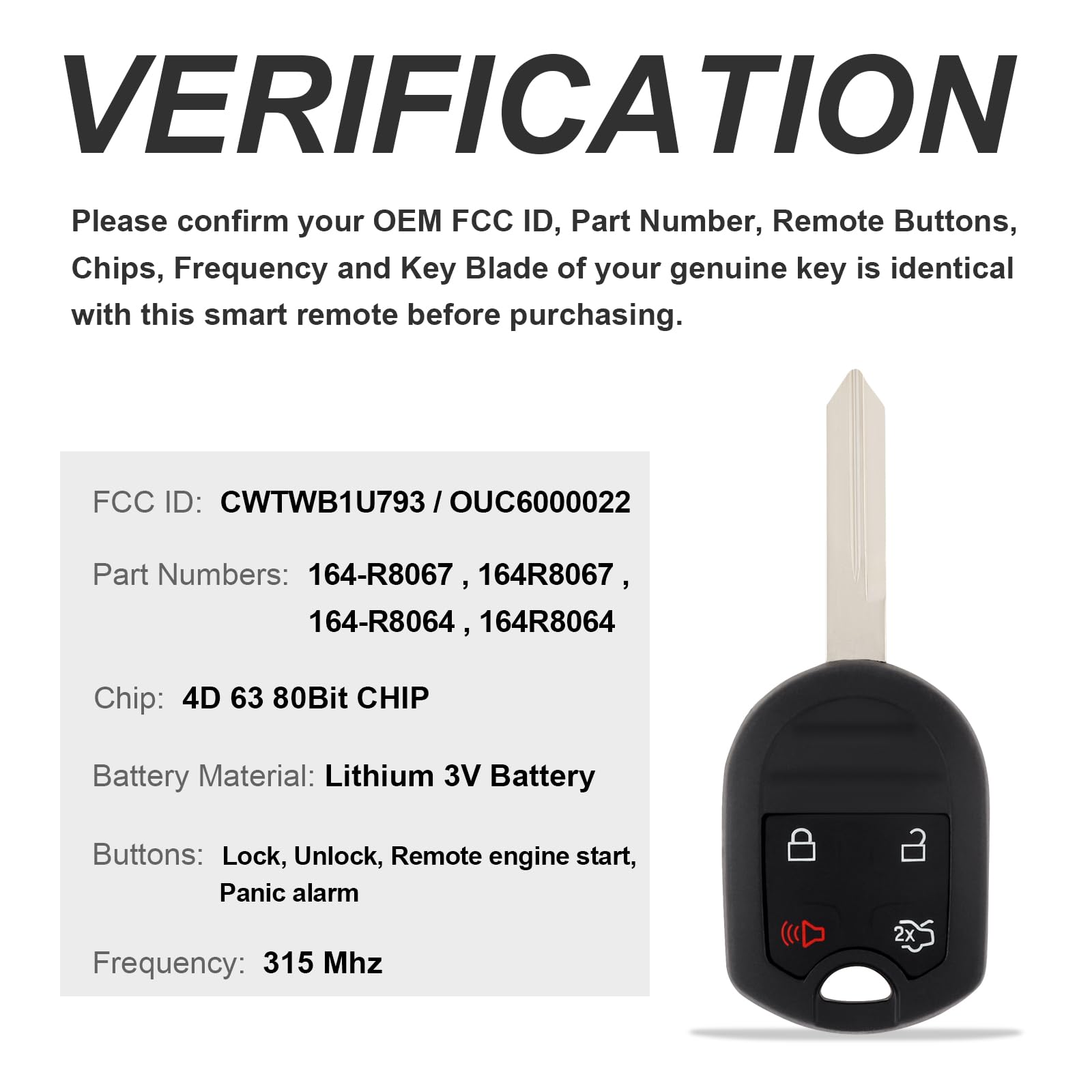 ePathChina 1PC Car Key Fob Keyless Entry Remote Replacement Fits for CWTWB1U793 Ford Explorer Mustang Edge Escape Expedition Flex Taurus Fusion Focus Mercury Lincoln, 4D63 80Bit Chip 315MHz 4 Buttons